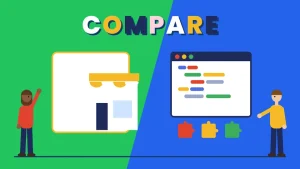 Two cartoon people beside a storefront with a yellow awning on a green panel and a code window with puzzle pieces on a blue panel under the word COMPARE