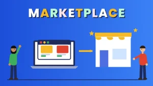 Two cartoon people beside a laptop store linked to a shop front under the word MARKETPLACE