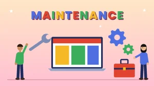 Two cartoon people beside a laptop showing a store layout, a wrench, two gears and a red toolbox under the word MAINTENANCE