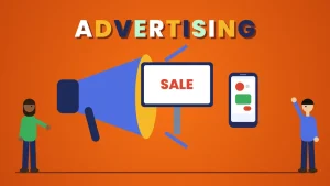 Two cartoon people beside a megaphone, a billboard reading SALE and a phone showing an ad under the word ADVERTISING