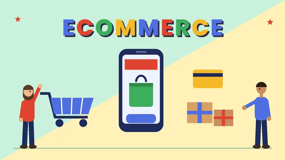 Two cartoon shoppers beside a large phone showing a shopping bag, a shopping cart, a payment card and parcels under the word ECOMMERCE