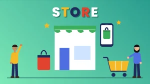 Two cartoon people beside a storefront with a green awning, a phone showing a shopping bag, a red bag and a yellow cart under the word STORE