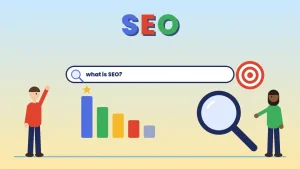Two cartoon people beside a search bar, ranking bars, a magnifier and a target under the word SEO