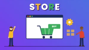 Two cartoon people beside a browser showing a shopping cart and a BUY button, with a gear and parcels, under the word STORE